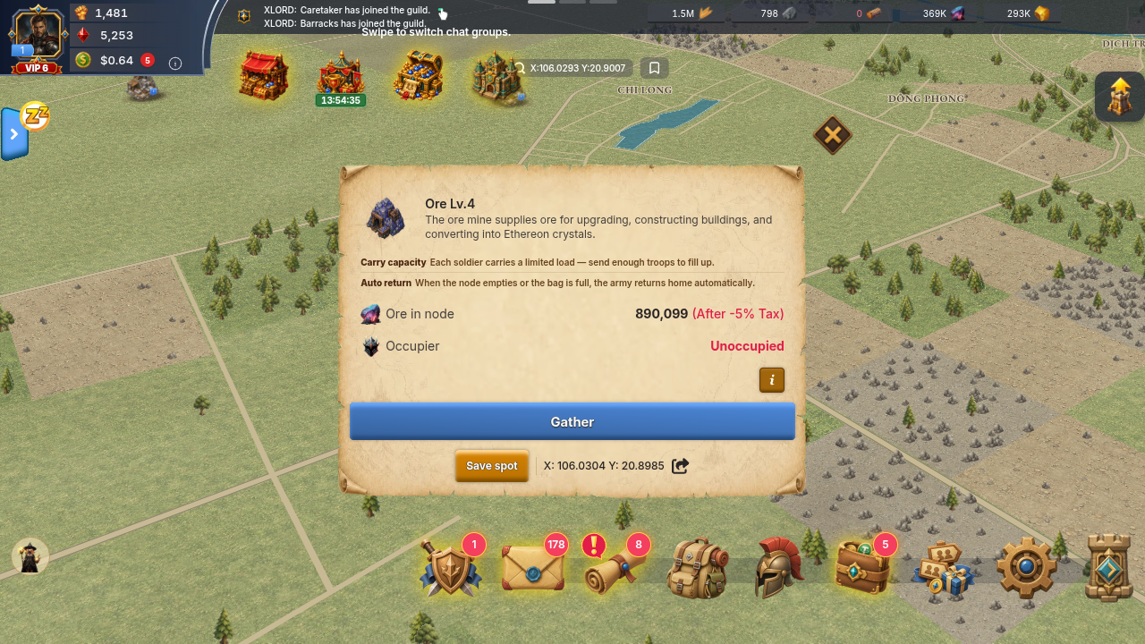 Gathering resources and error 16181 (screenshot)