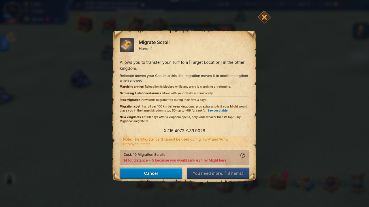 Moving your castle - relocate and migrate to another kingdom (screenshot)