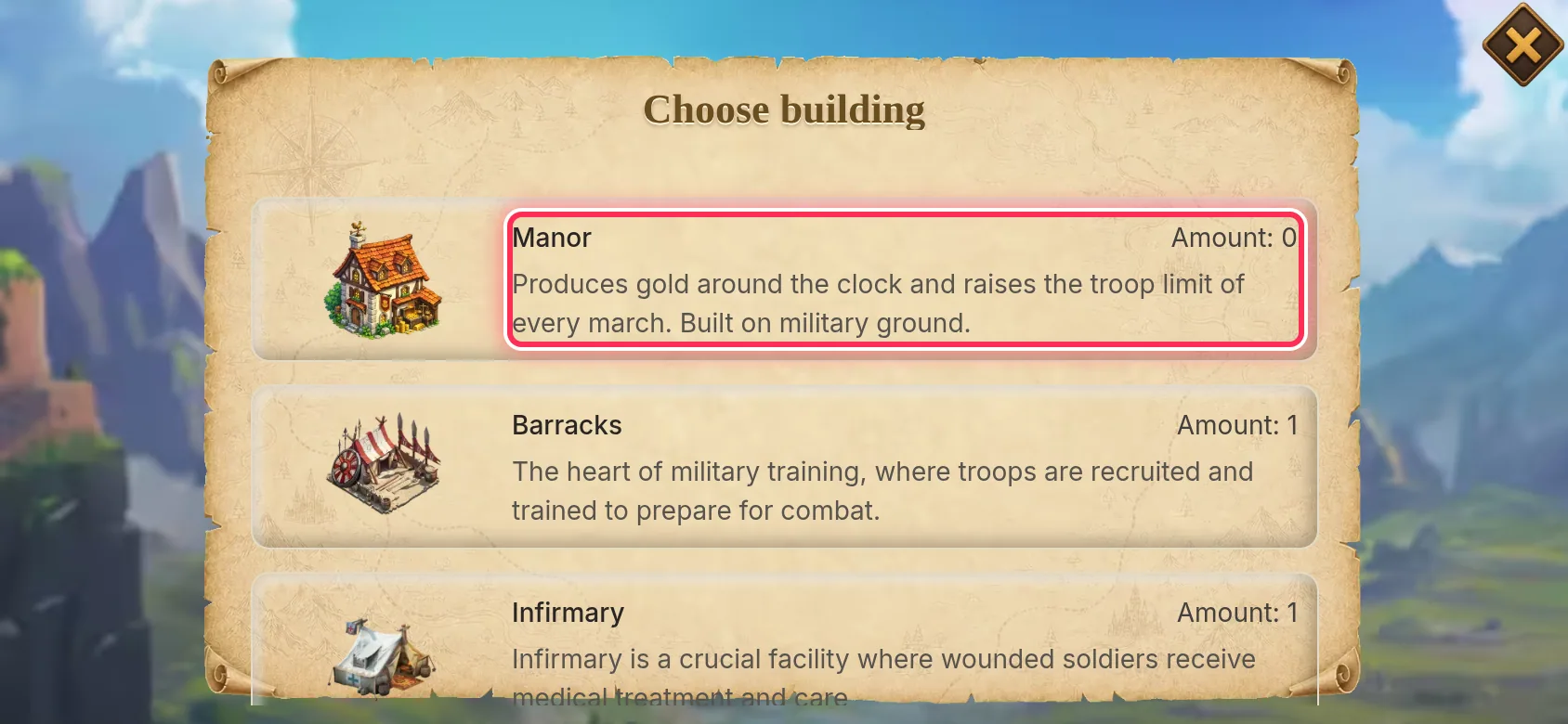 1. Tap a free plot on your military ground and pick Manor under Choose building.
