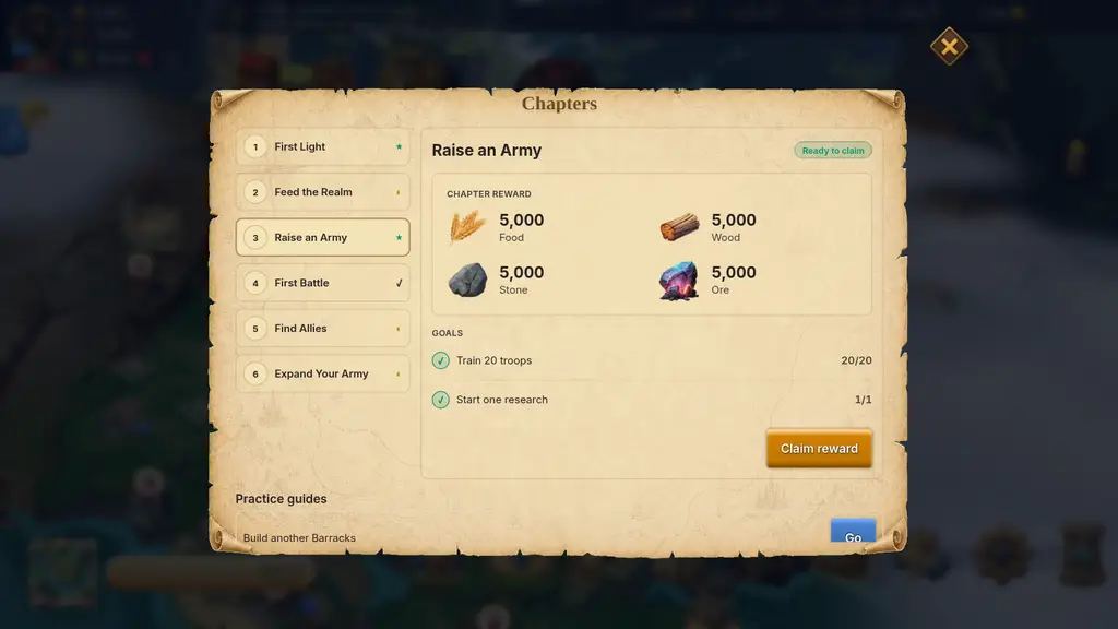 Tutorial steps, chapters and rewards (screenshot)